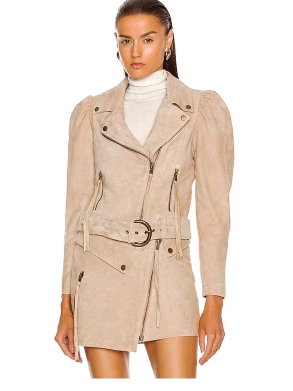 New Retrofete Tai Hummus Suede Puffed Sleeve Biker Moto Jacket XS